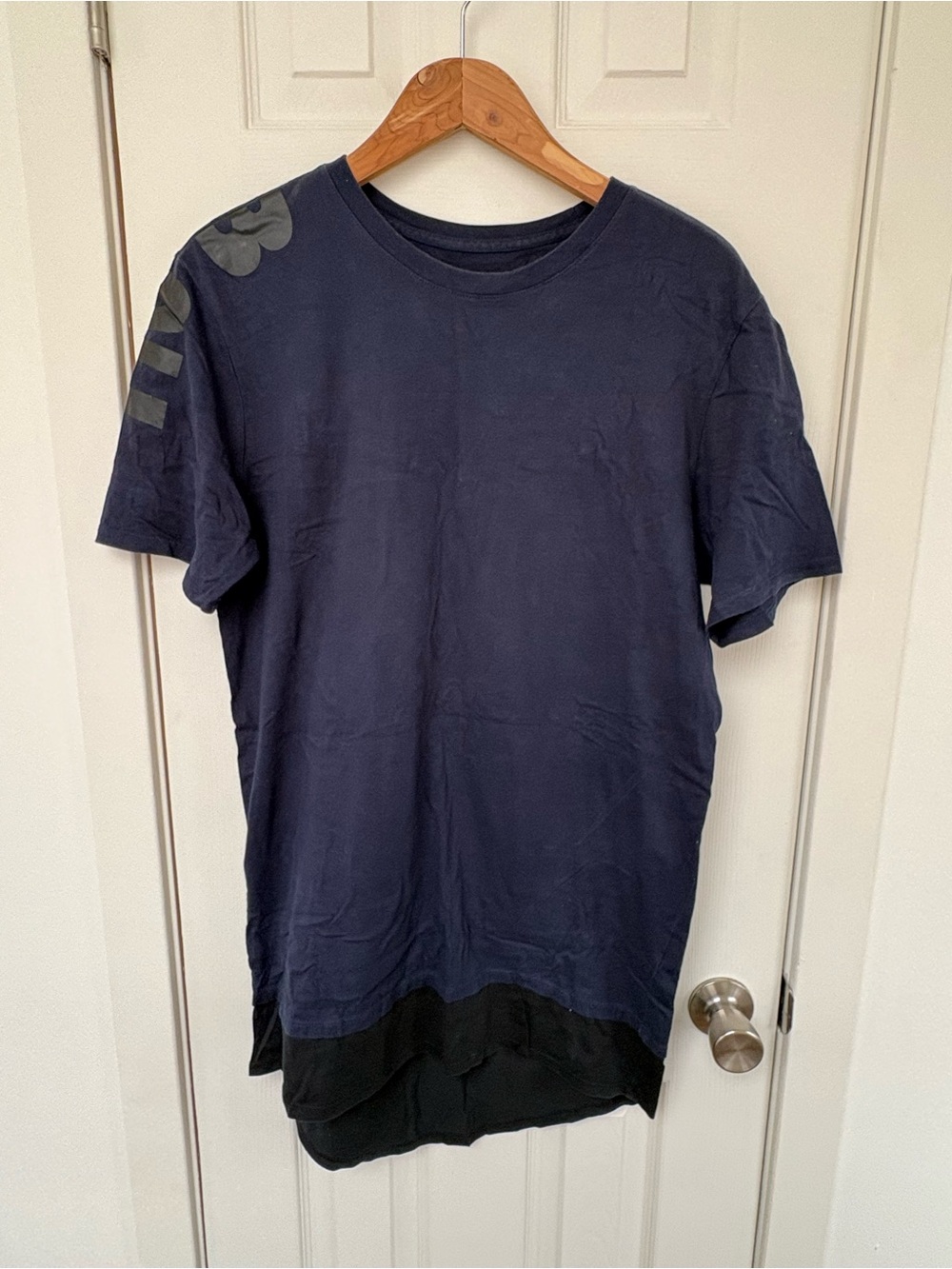 Nike Navy Short Sleeve Layered Hem Tee with Shoulder Graphic